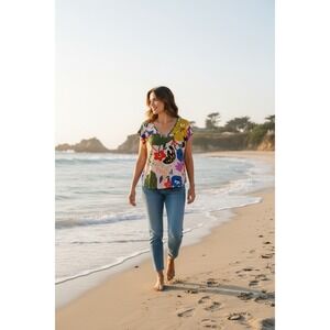 Lili Sidonio Fauvisme Floral Print V-Neck Top Peachy Pink Blouse Size M